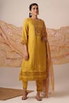 Buy_Avaha_Yellow Viscose Silk Embroidered Thread Round Floral Straight Kurta And Pant Set _at_Aza_Fashions