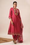 Avaha_Pink Viscose Silk Embroidered Thread V Neck Avani Mythri Work Kurta And Pant Set _at_Aza_Fashions