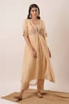 Buy_Tuli_Beige Viscose, Silk Pearls, Embroidery Bandeau Neck, Round Jacket Kurta Pant Set_at_Aza_Fashions