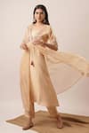 Tuli_Beige Viscose, Silk Pearls, Embroidery Bandeau Neck, Round Jacket Kurta Pant Set_Online_at_Aza_Fashions
