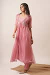 Buy_Tuli_Pink Organza, Viscose, Silk Embroidery, Pearls Vedi Mathura Jacket Pant Set_at_Aza_Fashions
