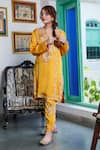 Shop_Bo tree_Yellow Modal Satin Silk Embroidered Floral Notched Sona Kurta Pant Set _at_Aza_Fashions