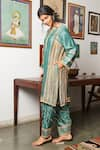 Shop_Bo tree_Green Thin Raw Silk Embellished Lace Notched Banni Kurta Set _at_Aza_Fashions