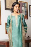 Bo tree_Green Thin Raw Silk Embellished Lace Notched Banni Kurta Set _Online_at_Aza_Fashions