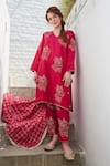Buy_Bo tree_Pink Thin Raw Silk Embroidered Floral V Neck Gulab Kurta Pant Set_at_Aza_Fashions
