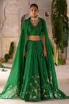 Deep Thee_Green Silk Embroidered Zari And Zardozi Work V Neck Phool Bridal Lehenga Set _Online_at_Aza_Fashions