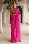 Buy_Deep Thee_Fuchsia Silk Embroidered Pearl Leaf Neck Bordered Saree And Blouse Set _at_Aza_Fashions