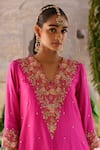 Deep Thee_Pink Silk Embroidery Zari V Neck Petunia Zardozi Yoke Kurta Pant Set _Online_at_Aza_Fashions