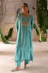 Buy_Deep Thee_Blue Chanderi Embroidery Zari Bloom Zardozi Yoke Kaftan Pant Set _at_Aza_Fashions