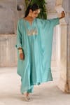 Deep Thee_Blue Chanderi Embroidery Zari Bloom Zardozi Yoke Kaftan Pant Set _at_Aza_Fashions