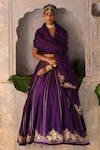 Shop_Deep Thee_Purple Silk Embroidery Guchha Phool V Neck Kali Lehenga Blouse Set _Online_at_Aza_Fashions