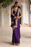 Deep Thee_Purple Silk Embroidery V Neck Zari Gardenia Border Saree With Blouse _at_Aza_Fashions