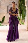 Deep Thee_Purple Chanderi Embroidery Zari Phool Stripe Peplum Kurta Sharara Set _Online_at_Aza_Fashions