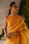 Deep Thee_Yellow Organza Embroidery Zari Striped Halter Neck Saree With Blouse _Online_at_Aza_Fashions
