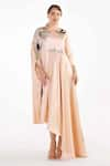 Buy_EEKSHA_Peach Satin Embellished Floral Applique Boat Neck Kaftan  _at_Aza_Fashions