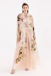 Buy_EEKSHA_Peach Satin Printed Floral Dress V Neck Botanical With Cape  _at_Aza_Fashions