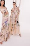 Shop_EEKSHA_Peach Satin Printed Floral Dress V Neck Botanical With Cape  _at_Aza_Fashions