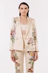 EEKSHA_Beige Satin Printed Botanical Blazer Notched Lapel Collar Pant Set  _Online_at_Aza_Fashions