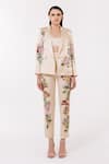 Buy_EEKSHA_Beige Satin Printed Botanical Blazer Notched Lapel Collar Pant Set  _Online_at_Aza_Fashions