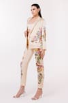 Shop_EEKSHA_Beige Satin Printed Botanical Blazer Notched Lapel Collar Pant Set  _Online_at_Aza_Fashions