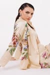 EEKSHA_Beige Satin Printed Botanical Blazer Notched Lapel Collar Pant Set  _at_Aza_Fashions