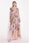 Buy_EEKSHA_Pink Satin Printed Floral Round Flower Dress With Cape  _at_Aza_Fashions