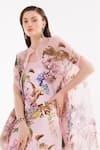 EEKSHA_Pink Satin Printed Floral Round Flower Dress With Cape  _at_Aza_Fashions