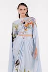 EEKSHA_Blue Satin Printed Flower Boat Floral Dupatta Cape And Draped Skirt Set  _Online_at_Aza_Fashions