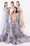 Shop_EEKSHA_Blue Satin Printed Flower Boat Floral Dupatta Cape And Draped Skirt Set  _Online_at_Aza_Fashions