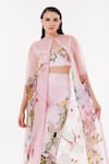 EEKSHA_Pink Satin Crepe Printed Garden Cape Round Pant Set  _Online_at_Aza_Fashions