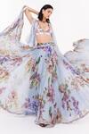 Buy_EEKSHA_Blue Satin Printed Botanical V Neck Lehenga And Blouse Set  _at_Aza_Fashions