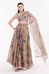 Buy_EEKSHA_Beige Satin Printed Garden Leaf Floral Lehenga And Draped Blouse Set  _at_Aza_Fashions