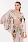 Shop_EEKSHA_Beige Satin Printed Botanical Cape Open Caplet And Draped Skirt Set  _at_Aza_Fashions