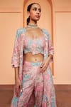 Buy_Osaa by Adarsh_Coral Mulberry Silk Embroidery Zardozi Jacket Open Flared Pant Set  _Online_at_Aza_Fashions