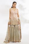 Shop_Vandana Sethi_Peach Organza Embroidered Mirror Blunt V Gota Patti Kurta Gharara Set _Online_at_Aza_Fashions