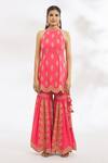 Vandana Sethi_Pink Georgette, Net Gota Patti High Neck, Halter Embroidered Kurta Gharara Set _Online_at_Aza_Fashions
