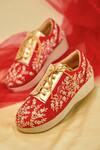 Buy_Around Always_Red Pearls, Zari Mia Embroidered Sneaker Wedges _at_Aza_Fashions