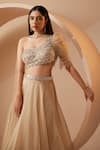 Roqa_Gold Organza Embroidery Pearls Asymmetric Neck Abira Draped Blouse With Lehenga_Online_at_Aza_Fashions