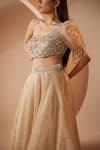 Buy_Roqa_Gold Organza Embroidery Pearls Asymmetric Neck Abira Draped Blouse With Lehenga_Online_at_Aza_Fashions
