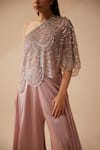 Buy_Roqa_Purple Blouse Net Embroidery Sequins Asymmetric Neck Aubagne With Palazzo _Online_at_Aza_Fashions