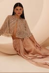 Buy_Roqa_Peach Jacket Net Embroidery Pearls Jacket Round Neck Claudia Skirt Set _Online_at_Aza_Fashions