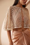 Shop_Roqa_Peach Jacket Net Embroidery Pearls Jacket Round Neck Claudia Skirt Set _at_Aza_Fashions