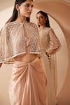 Shop_Roqa_Peach Jacket Net Embroidery Pearls Jacket Round Neck Claudia Skirt Set _Online_at_Aza_Fashions