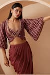 Roqa_Maroon Skirt Modal Satin Embroidery Sequins V Neck Divine Hand Jacket Set _Online_at_Aza_Fashions