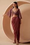 Buy_Roqa_Maroon Skirt Modal Satin Embroidery Sequins V Neck Divine Hand Jacket Set _Online_at_Aza_Fashions