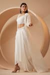 Roqa_White Blouse And Dhoti Skirt Modal Satin Embroidery Edessa Hand Cape Set _at_Aza_Fashions