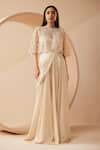 Buy_Roqa_Off White Saree Gown Modal Satin Embroidery Sequins Cape Estella With Pearls _at_Aza_Fashions