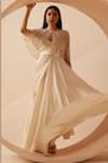 Buy_Roqa_Off White Saree Gown Modal Satin Embroidery Sequins Cape Estella With Pearls _Online_at_Aza_Fashions