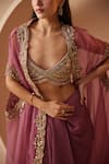 Roqa_Purple Blouse And Dhoti Skirt Georgette Embroidery Sequins Eva Border Cape Set _Online_at_Aza_Fashions