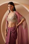 Buy_Roqa_Purple Blouse And Dhoti Skirt Georgette Embroidery Sequins Eva Border Cape Set _Online_at_Aza_Fashions